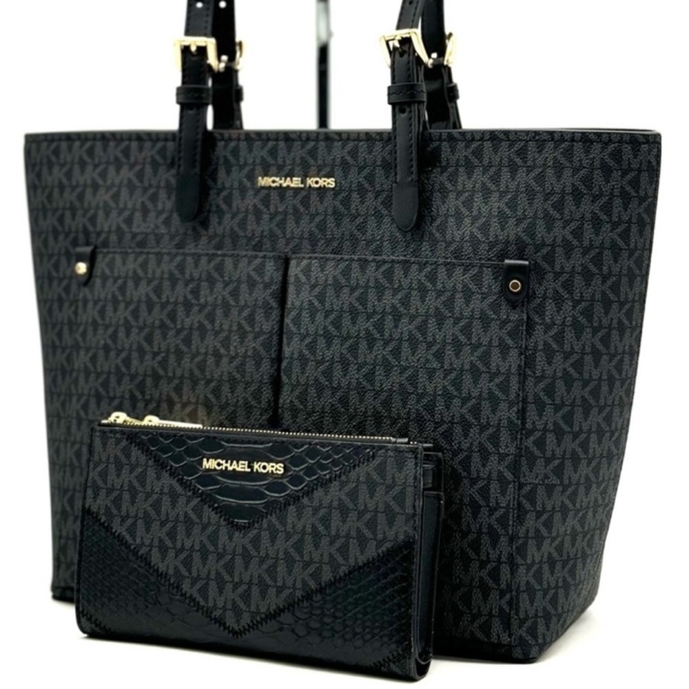 Michael Kors Jet Set Medium Pocket Tote Bag & Double Zip Wallet Black Multi